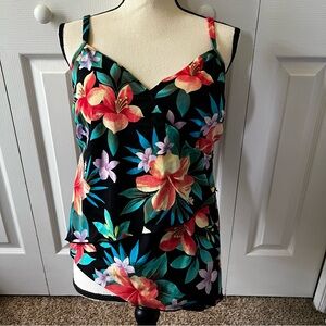 Caribbean Joe Black and Floral Tankini Top Size 16